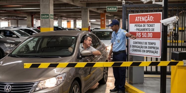 Cliente perde o ticket de estacionamento do shopping e a administração bloqueia a cancela, exigindo o pagamento de uma "multa por perda" de R$ 50; a Justiça proíbe a cobrança abusiva determinando que o controle do tempo de permanência é obrigação exclusiva da empresa por meio de câmeras ou sistema, e não do consumidor.