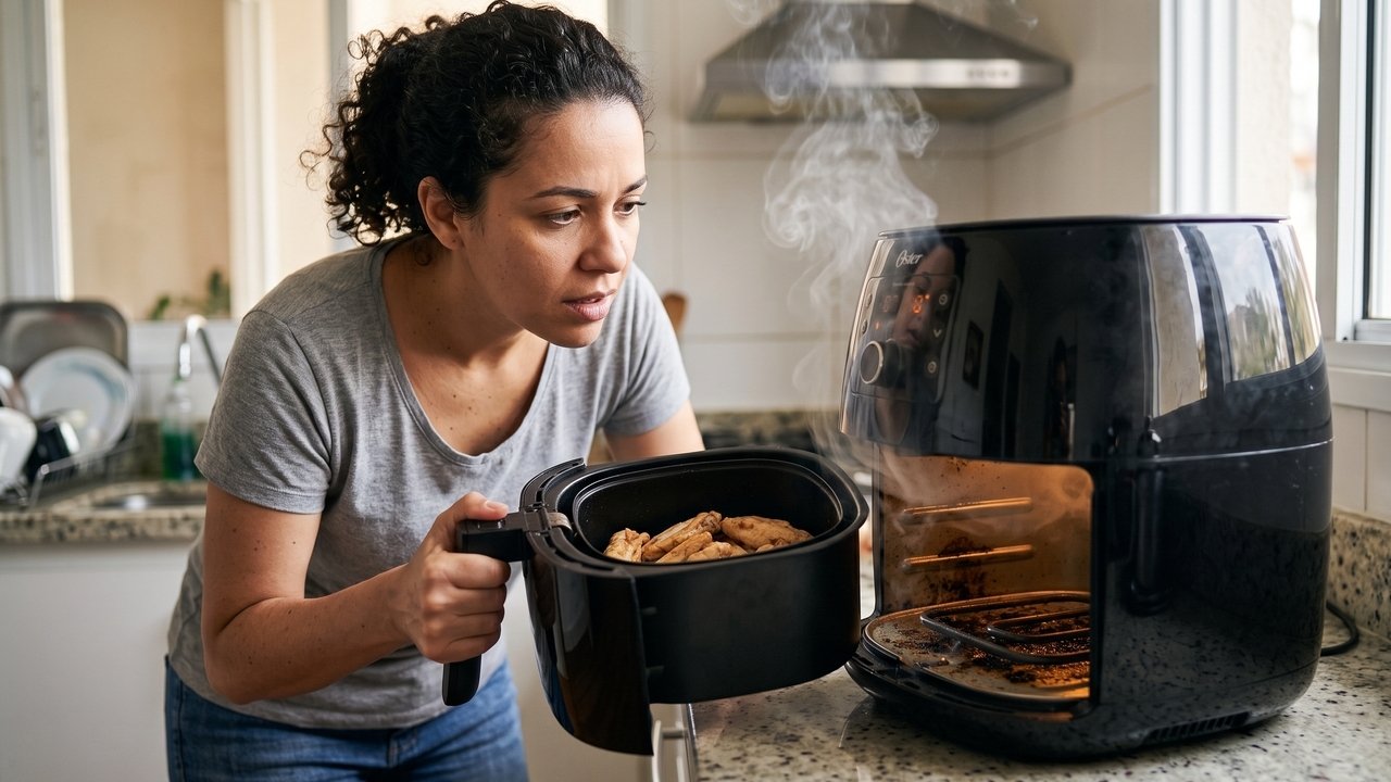 Minha air fryer começou a soltar fumaça mesmo sem nenhum alimento queimado: o problema podia estar escondido abaixo do cesto