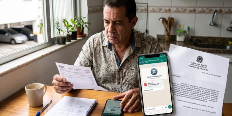Consumidor recebe boleto de financiamento do carro pelo WhatsApp de um número com a logomarca da financeira, paga o valor exato da parcela, mas descobre ser golpe; a Justiça condena o banco a dar baixa na dívida, comprovando que o vazamento dos dados sigilosos do contrato partiu de dentro do sistema da própria instituição.