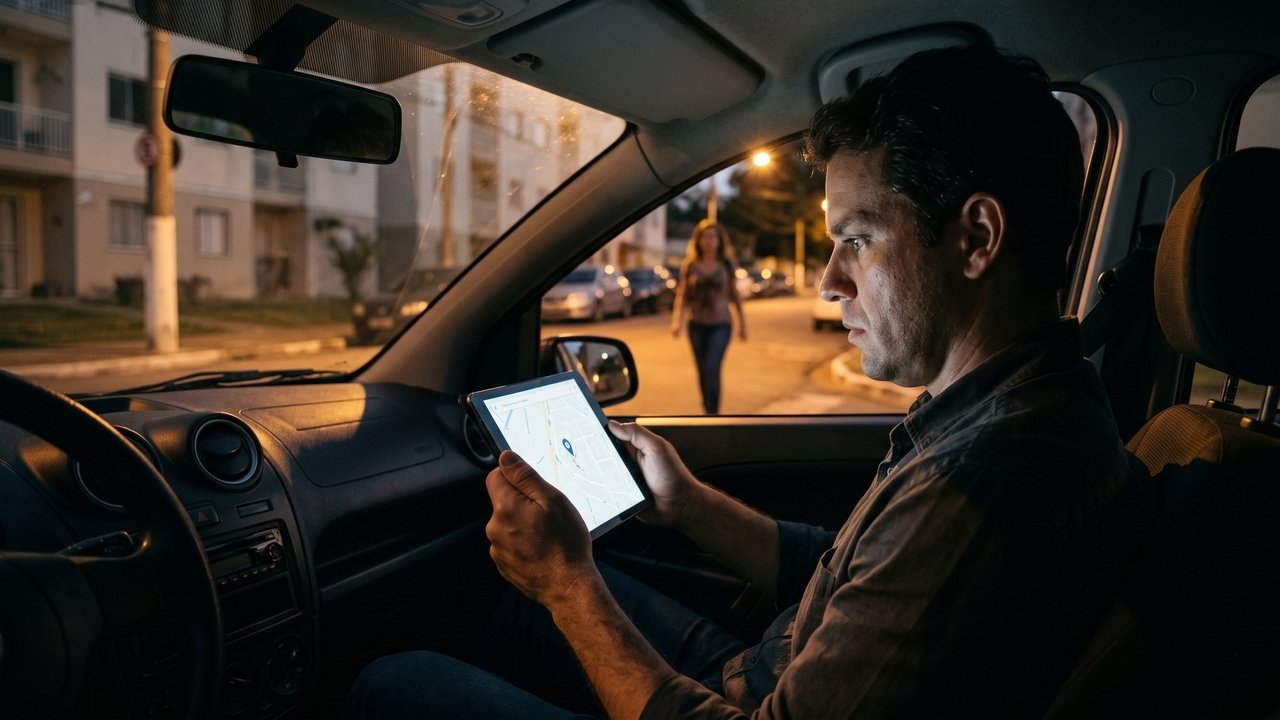 Ex-marido aproveita que o tablet da antiga residência continuou logado na sua conta e passa a rastrear a localização em tempo real da ex-mulher por meses; a vítima descobre o monitoramento oculto, registra boletim de ocorrência e a Justiça o condena criminalmente por perseguição (stalking) e invasão de dispositivo informático