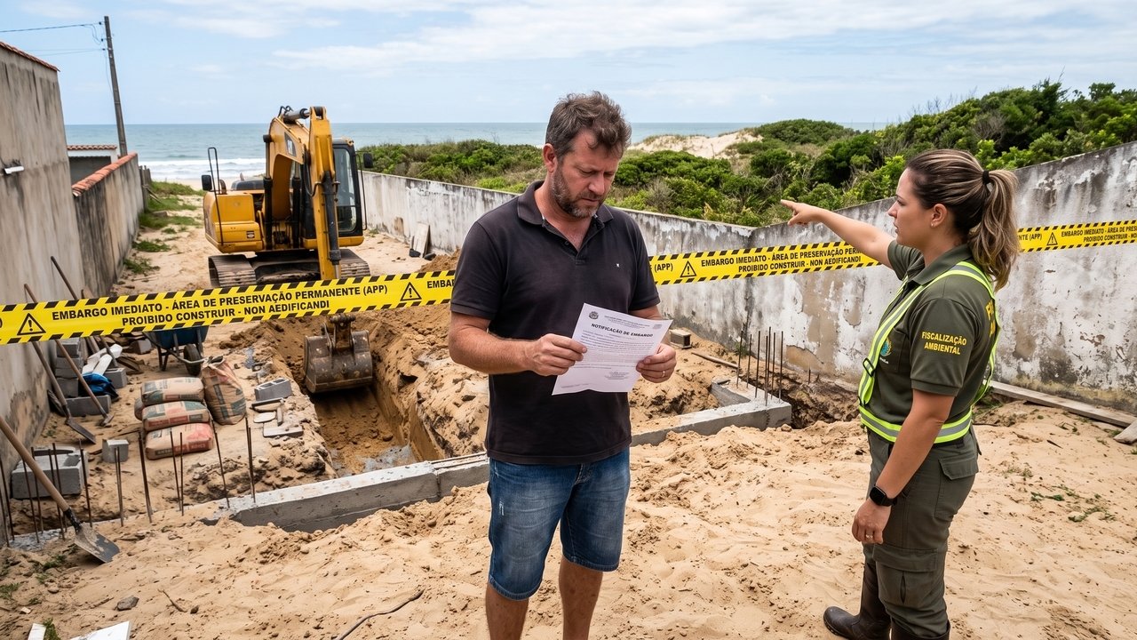 Após comprar casa de praia por R$ 620 mil, família inicia construção de piscina e descobre que parte do quintal está dentro de uma faixa onde novas edificações não são permitidas, mesmo estando dentro dos limites da propriedade