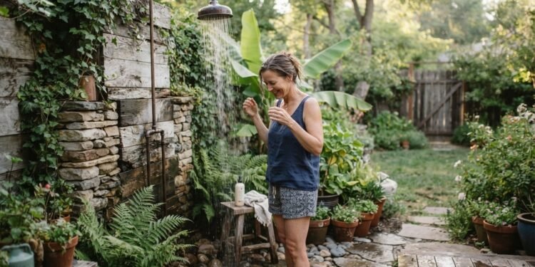 Chuveiro externo fica mais agradável quando o projeto cuida bem da drenagem, alertam especialistas em paisagismo sobre erro comum em reformas de áreas externas das casas.