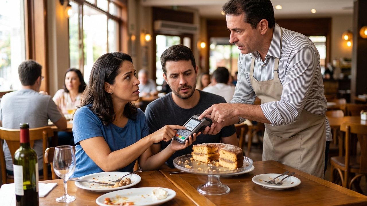 Cliente leva um bolo de aniversário comprado fora para comemorar com a família em um restaurante, mas, na hora de cantar os parabéns, o gerente exige o pagamento de uma "taxa de corte" de R$ 80; o Procon é acionado e multa o estabelecimento por prática abusiva, já que a taxa não tem respaldo legal na prestação do serviço principal.