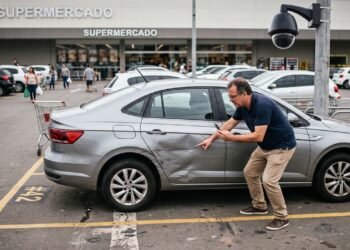 Cliente deixa carro em estacionamento de supermercado por menos de uma hora e encontra a lateral amassada ao retornar; estabelecimento afirma não se responsabilizar por danos, mas imagens das câmeras mostram que o veículo foi atingido dentro da área controlada pela empresa