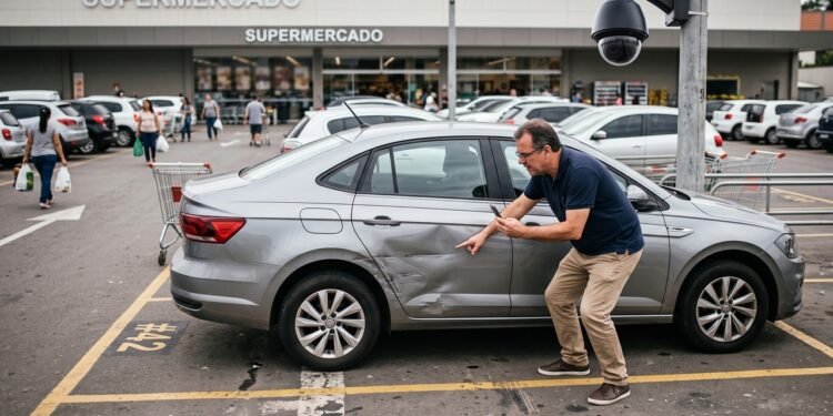 Cliente deixa carro em estacionamento de supermercado por menos de uma hora e encontra a lateral amassada ao retornar; estabelecimento afirma não se responsabilizar por danos, mas imagens das câmeras mostram que o veículo foi atingido dentro da área controlada pela empresa