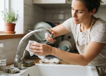 O vinagre age sobre os depósitos minerais que deixam a torneira esbranquiçada