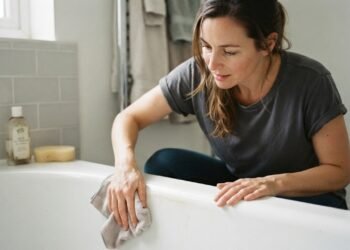 A limpeza suave ajuda a remover resíduos de sabão sem riscar a banheira