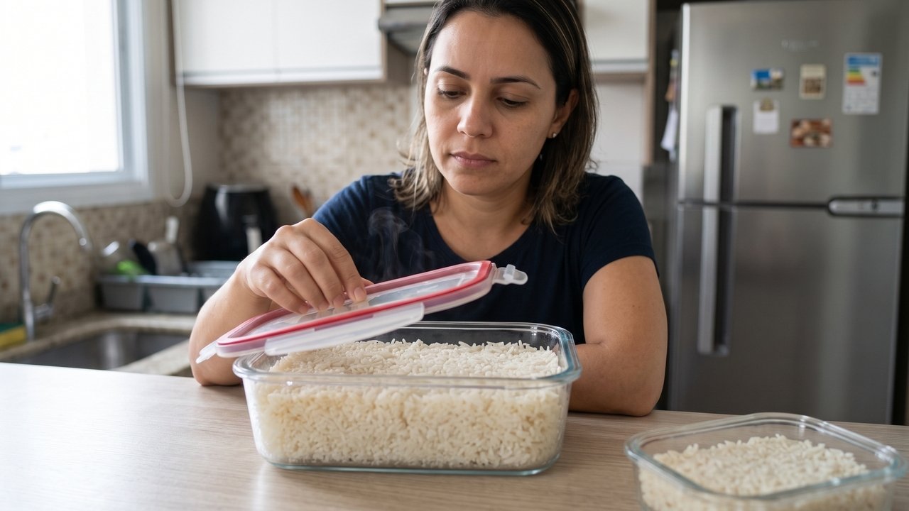 O arroz que eu guardava na geladeira ficava seco nas bordas e úmido no meio: o recipiente fazia mais diferença do que eu imaginava