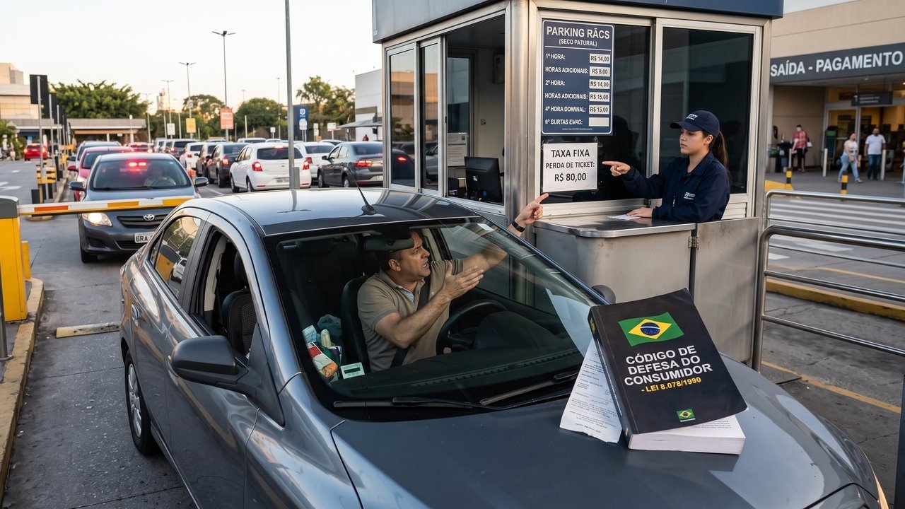 Cliente perde o ticket de estacionamento do shopping e a administração bloqueia a cancela, exigindo o pagamento de uma "multa por perda" de R$ 50; a Justiça proíbe a cobrança abusiva determinando que o controle do tempo de permanência é obrigação exclusiva da empresa por meio de câmeras ou sistema, e não do consumidor.