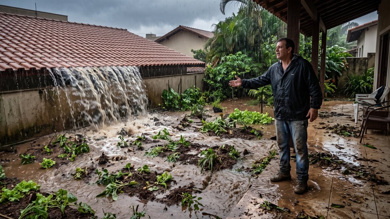 Morador constrói cobertura no quintal e vizinho reclama que a estrutura direciona toda a água da chuva para o terreno dele