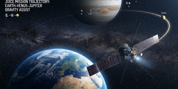 Lua, Terra e Vênus ajudam a sonda Juice a se preparar para a viagem até Júpiter, e cientistas da ESA explicam por que essa manobra é crucial