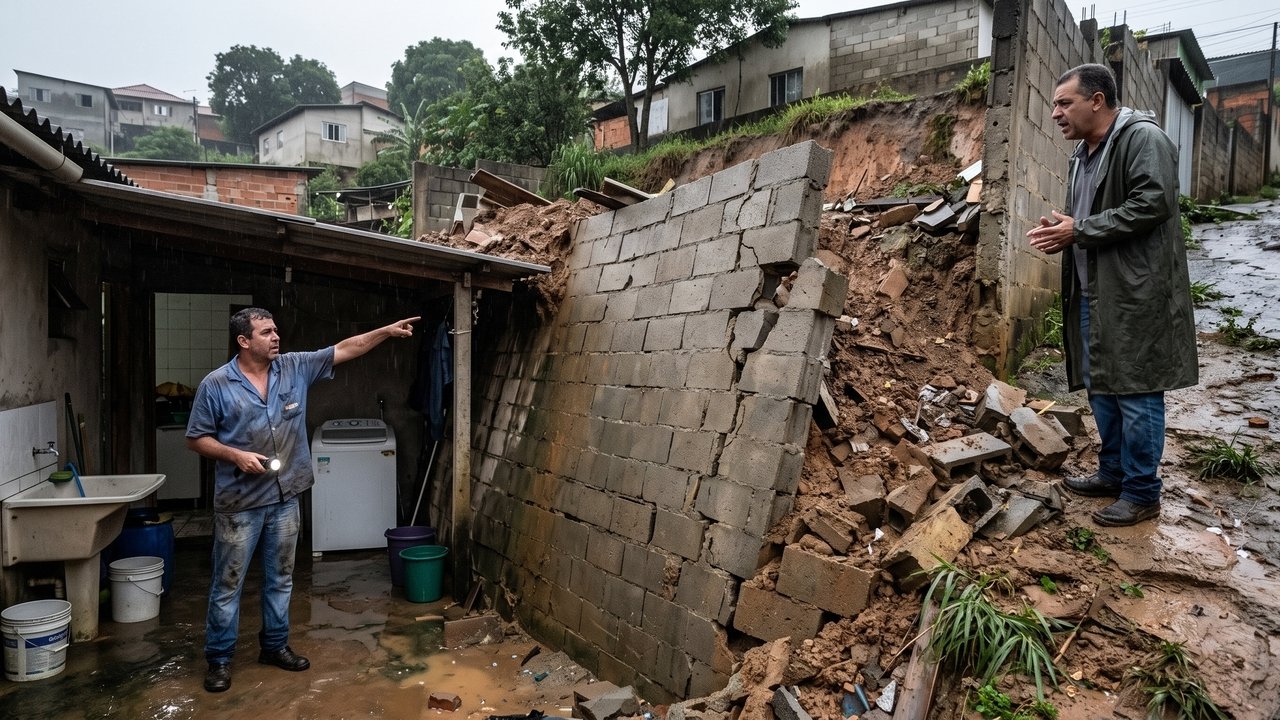 Depois de uma chuva intensa, muro recém-construído inclina para o terreno vizinho e orçamento de reconstrução ultrapassa R$ 45 mil