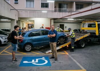 Visitante jovem estaciona o carro em uma vaga destinada a cadeirantes dentro do estacionamento fechado do condomínio. O síndico aciona a fiscalização de trânsito que entra no prédio e guincha o veículo, reforçando que o Código de Trânsito Brasileiro se aplica integralmente em vias internas.