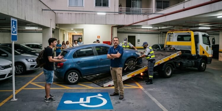 Visitante jovem estaciona o carro em uma vaga destinada a cadeirantes dentro do estacionamento fechado do condomínio. O síndico aciona a fiscalização de trânsito que entra no prédio e guincha o veículo, reforçando que o Código de Trânsito Brasileiro se aplica integralmente em vias internas.
