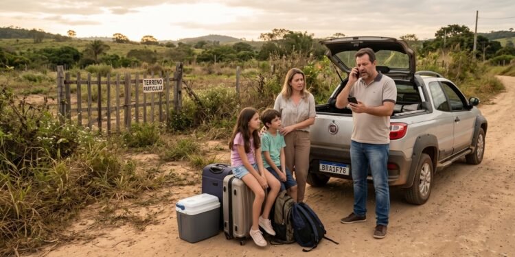 Turista aluga chácara para o feriado prolongado, transferindo 50% do valor. Chega ao endereço com a família após horas de viagem e descobre que o terreno é baldio, obrigando a plataforma de hospedagem a realocar todos imediatamente em um hotel de padrão superior.