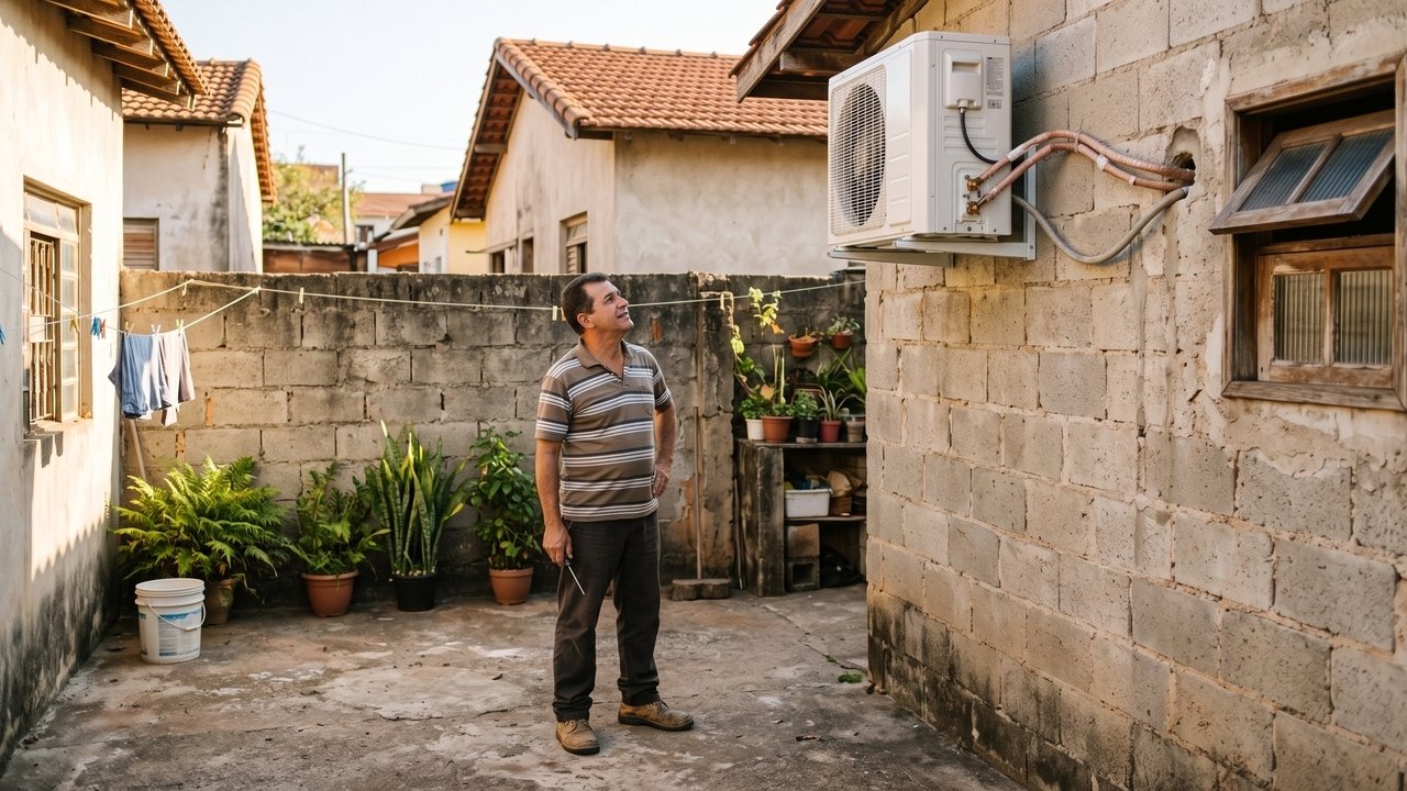 Família volta para casa e encontra equipamento de ar-condicionado do vizinho próximo à divisa, causando barulho e respingos