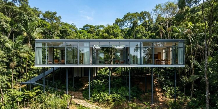 Projetada sobre pilotis de aço integrados à Mata Atlântica, a icônica Casa de Vidro de Lina Bo Bardi flutua sobre a vegetação em São Paulo