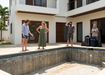 Grupo reserva casa de praia para 12 pessoas durante feriado, chega ao imóvel e encontra piscina vazia, falta de água e quartos interditados; hóspedes exigem reembolso integral da hospedagem