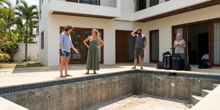Grupo reserva casa de praia para 12 pessoas durante feriado, chega ao imóvel e encontra piscina vazia, falta de água e quartos interditados; hóspedes exigem reembolso integral da hospedagem