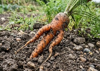 Morador semeia cenouras em terra dura, comemora quando as folhas crescem bonitas e meses depois retira do solo raízes tortas e divididas; o problema começou antes mesmo das sementes germinarem