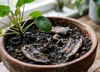 Homem enterra cascas de banana diretamente no vaso acreditando estar fornecendo adubo natural, começa a sentir um cheiro estranho dias depois e encontra mosquitinhos rondando a terra