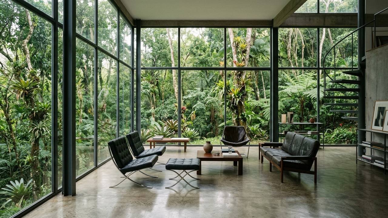 Projetada sobre pilotis de aço integrados à Mata Atlântica, a icônica Casa de Vidro de Lina Bo Bardi flutua sobre a vegetação em São Paulo