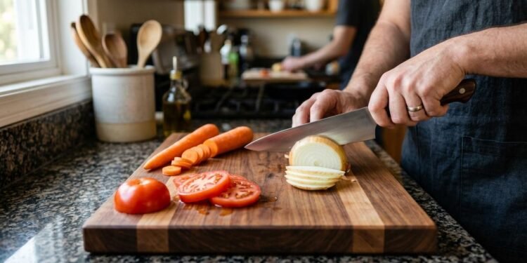 Para cortar cebola, cenoura, tomate e outros vegetais, a madeira também oferece uma superfície relativamente amigável ao fio da faca.