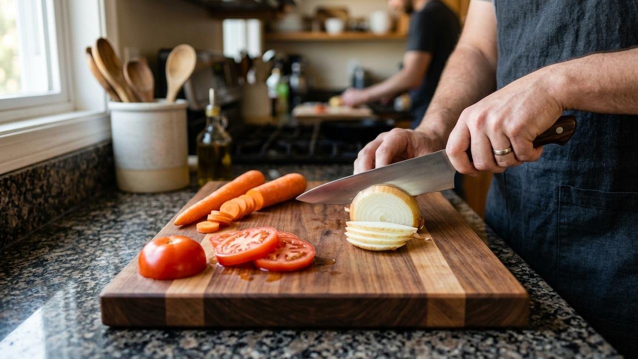 Madeira, plástico ou metal: o guia rápido para escolher a tábua de corte ideal para legumes.