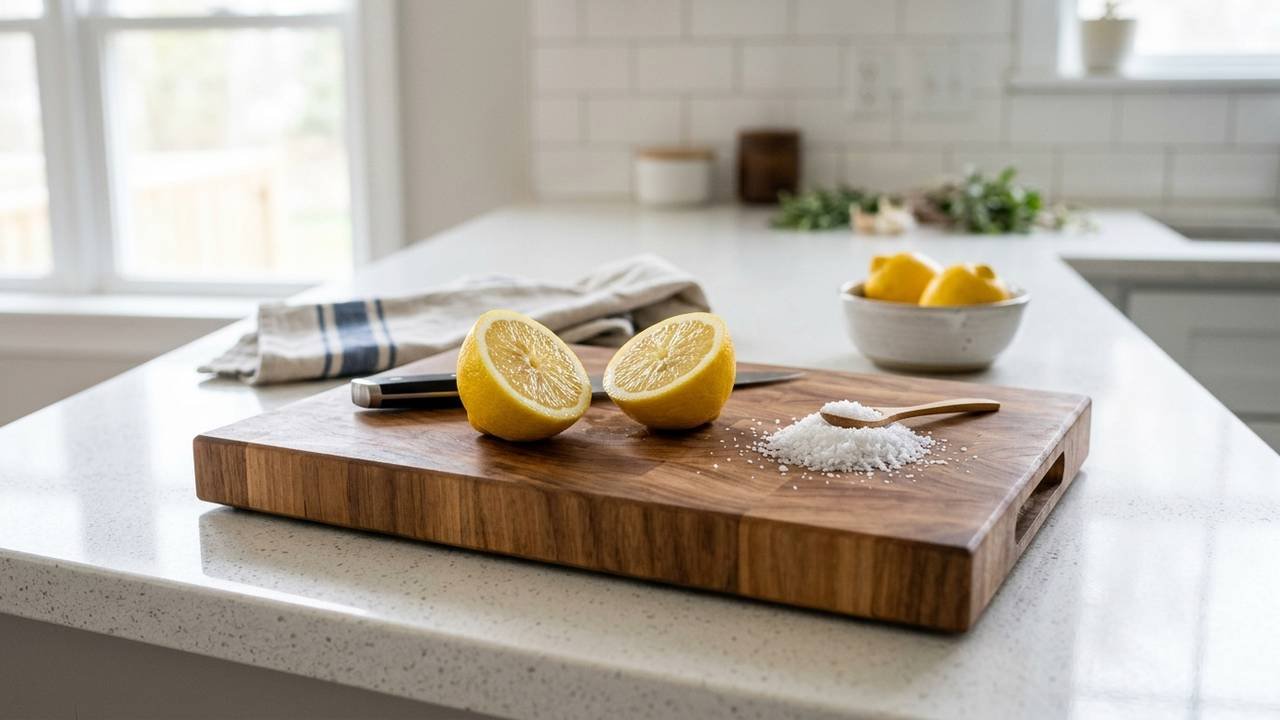 Adeus tábuas de corte com marcas escuras: o banho noturno de bicarbonato com vinagre que retira manchas de sangue e tomate da madeira