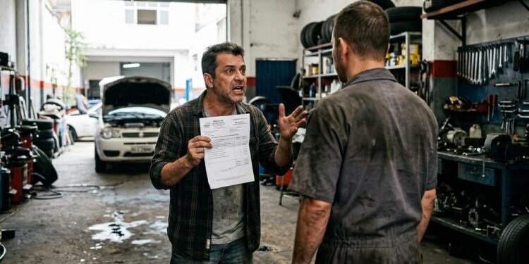 Diante de uma diferença tão grande, Marcelo poderia solicitar uma discriminação completa da cobrança, separando mão de obra, peças e serviços adicionais. // Imagem ilustrativa gerada por IA para representar a situação descrita no texto; pessoas, locais e elementos visuais não correspondem necessariamente aos reais