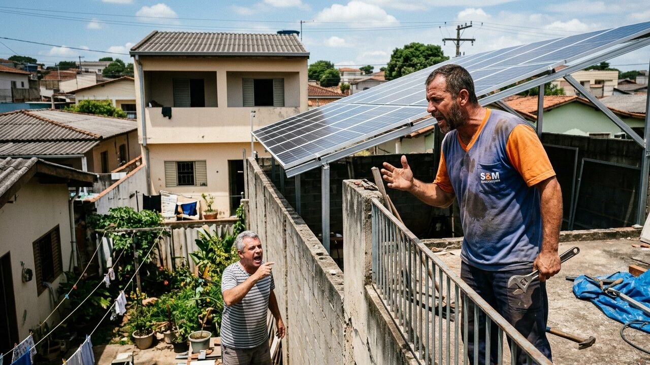 Morador instala painéis solares na cobertura com projeção que avança sobre o limite do lote contíguo e vizinho exige adequação