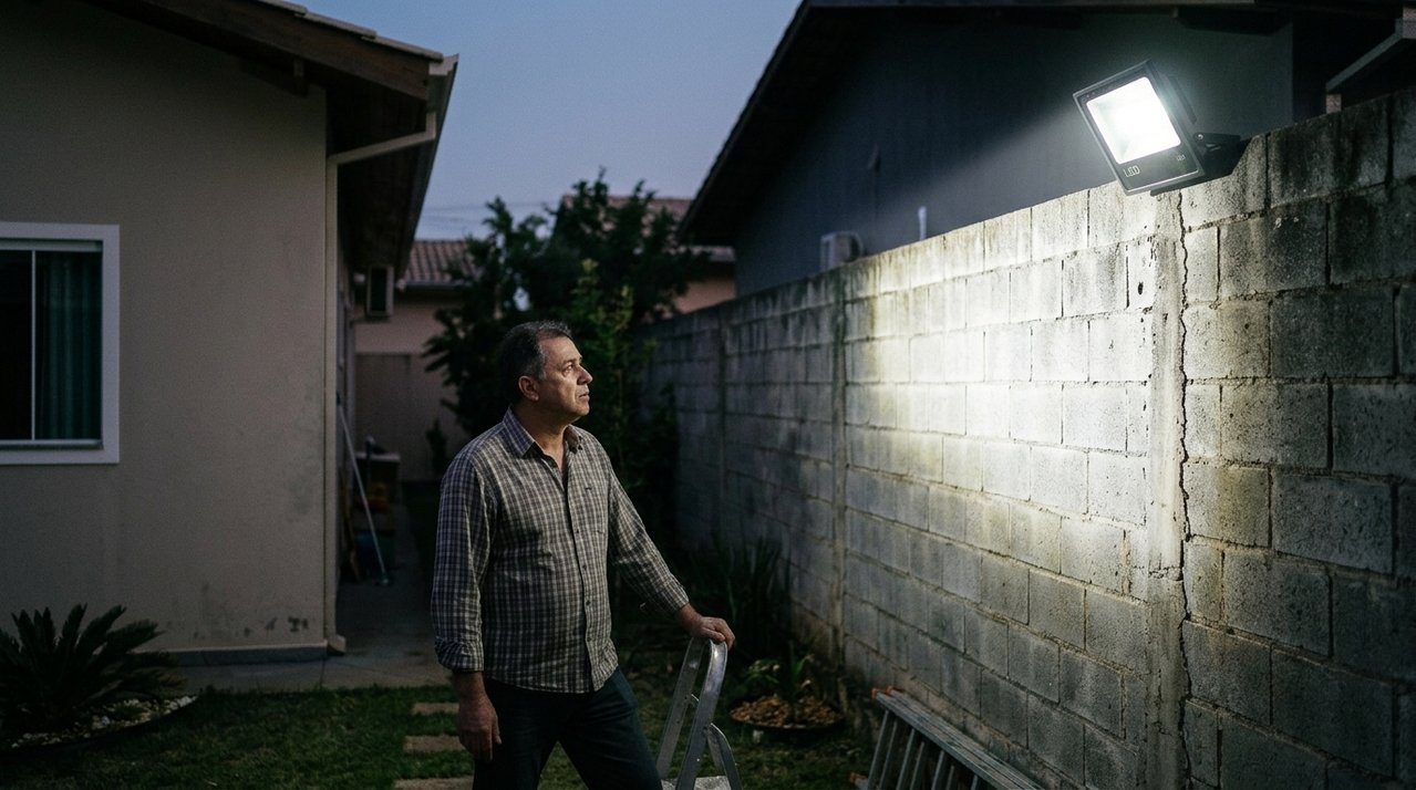 Vizinho instala refletor voltado para casa ao lado e luz começa a entrar nos quartos durante toda a noite