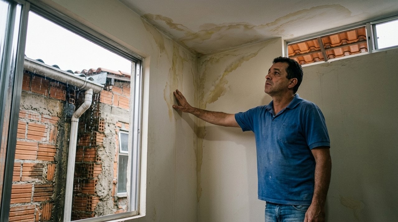 Morador reforma telhado após infiltrações, gasta R$ 40 mil e percebe na chuva seguinte que a água continua entrando porque o problema vinha da construção vizinha