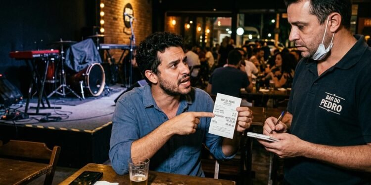 Quando Rafael chegou, a música ao vivo já tinha acabado, mas ele permaneceu na mesma mesa e pediu bebidas e alimentos disponíveis no cardápio. // Imagem ilustrativa gerada por IA para representar a situação descrita no texto; pessoas, locais e elementos visuais não correspondem necessariamente aos reais