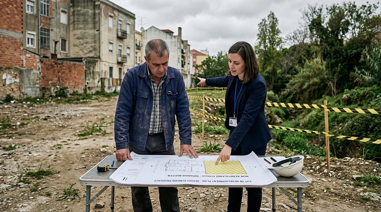 Homem paga R$ 180 mil por um lote acreditando que poderia construir imediatamente, mas ao solicitar o projeto descobre que uma faixa do terreno é atingida por restrição urbanística e reduz drasticamente a área disponível para a casa