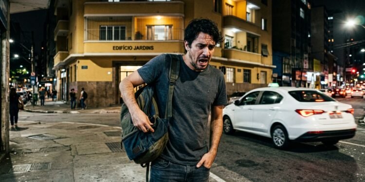 Ele agradeceu a condução tranquila, conferiu os pertences na mochila e entrou na portaria do prédio, sem perceber que o telefone profissional havia escorregado no banco traseiro.