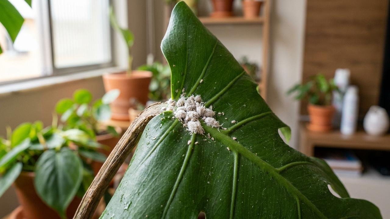 Moradora encontra uma pequena camada parecida com algodão escondida atrás das folhas de uma planta, limpa apenas a parte visível e acredita que resolveu; semanas depois a cochonilha aparece nos vasos ao lado e obriga o isolamento de toda a coleção