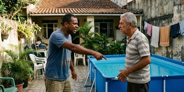 Isso significa que a afirmação do proprietário de que qualquer piscina instalada automaticamente passa a ser dele não resolve a questão por si só. // Imagem ilustrativa gerada por IA para representar a situação descrita no texto; pessoas, locais e elementos visuais não correspondem necessariamente aos reais