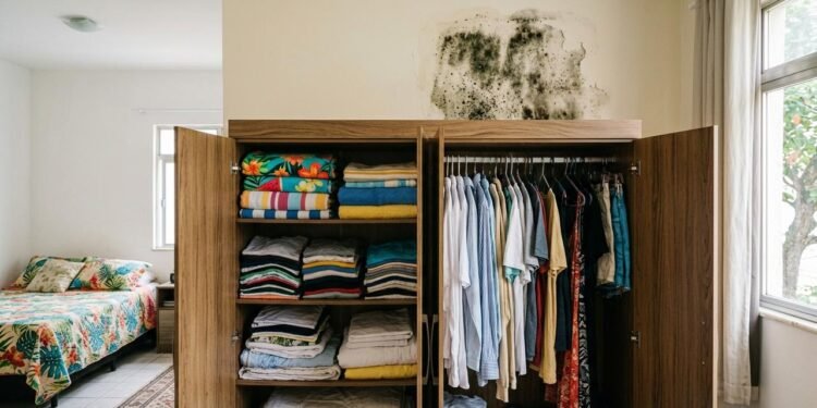 Guardar toalhas, roupas ou peças de cama antes que estejam completamente secas é uma causa comum de aumento de umidade dentro do móvel.