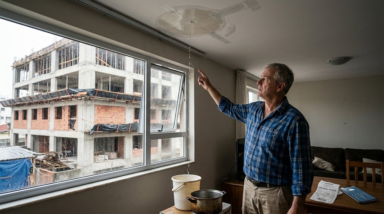 Morador reforma telhado após infiltrações, gasta R$ 40 mil e percebe na chuva seguinte que a água continua entrando porque o problema vinha da construção vizinha