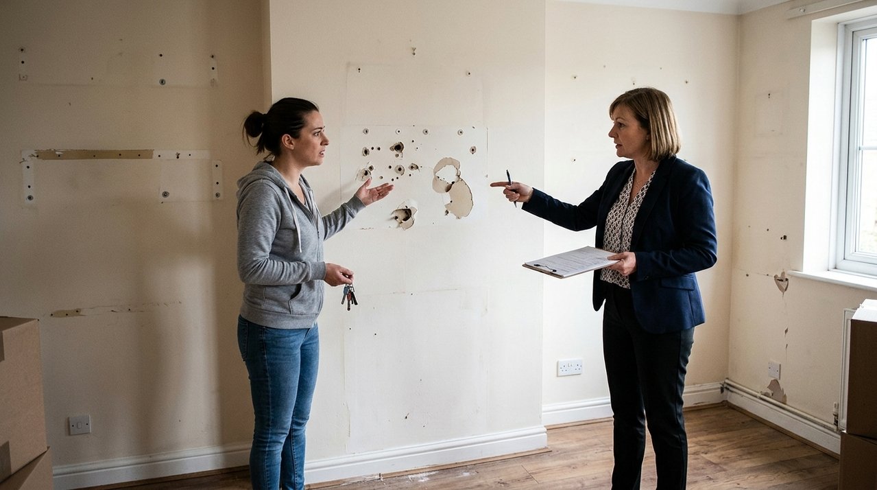 Moradora devolve apartamento com paredes cheias de furos de prateleiras e televisão, mas imobiliária cobra pintura completa do imóvel e surge discussão sobre desgaste natural e dano causado pelo uso