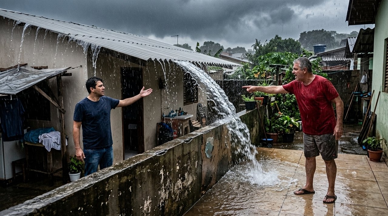 Depois de instalar uma cobertura metálica sobre toda a área dos fundos, o proprietário percebe que a água da chuva passou a cair diretamente no terreno vizinho e recebe cobrança pelos danos causados na parede e no piso da casa ao lado