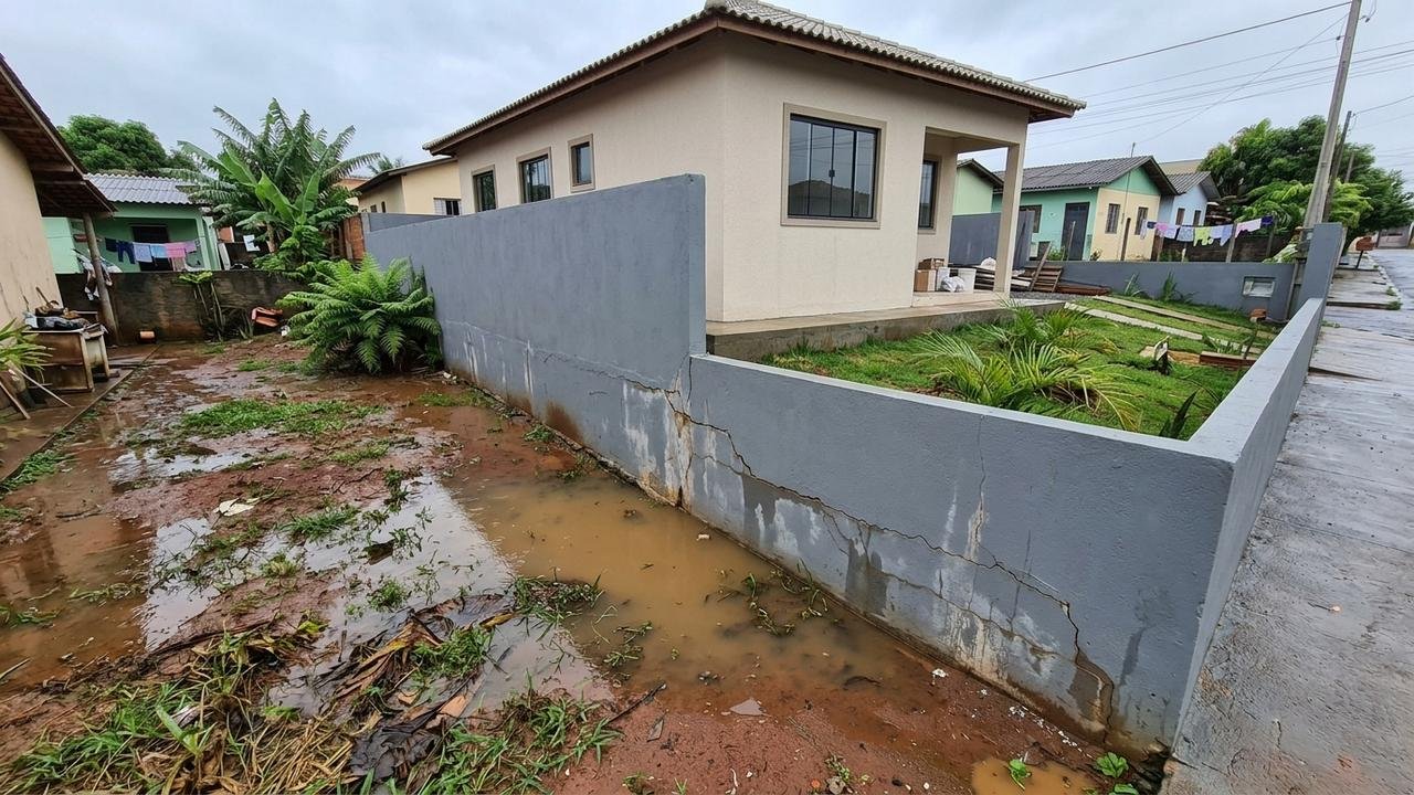 Família eleva terreno em quase 60 centímetros antes de construir nova casa e primeira chuva forte leva barro e água para quintal do vizinho; muro começa a apresentar rachaduras e engenheiro aponta necessidade de obra de contenção