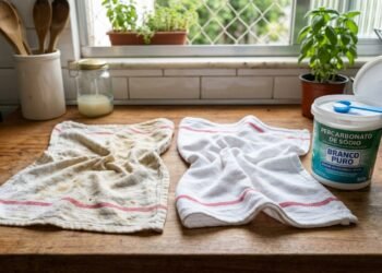 Moradora guarda panos de prato durante meses e percebe que o branco ficou encardido mesmo depois de várias lavagens; ao usar percarbonato de sódio da maneira correta, entende por que apenas aumentar o sabão não estava resolvendo