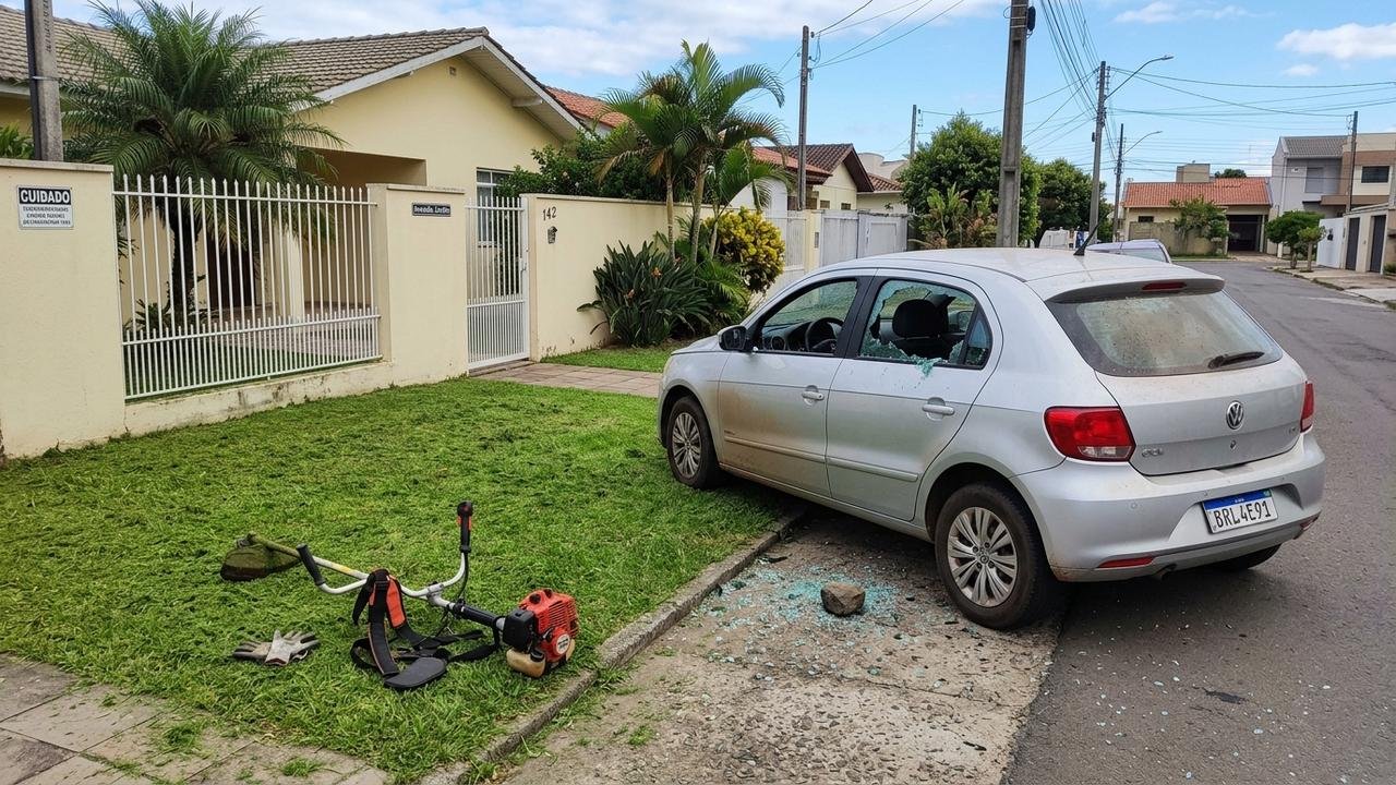 Vizinho corta grama e pedra lançada pela roçadeira quebra vidro do carro estacionado ao lado; ninguém viu o momento exato do impacto
