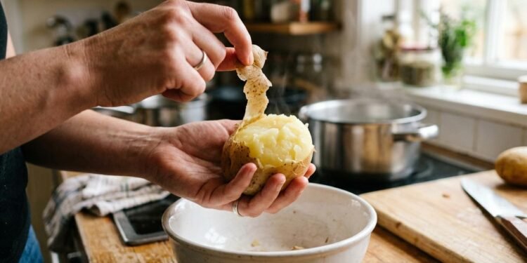 Quando a receita permite, cozinhar a batata inteira com a casca pode economizar tempo e reduzir o desperdício de polpa.