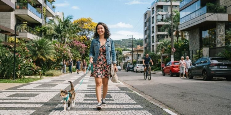 Um gato curioso e confiante pode aproveitar o passeio para caminhar, investigar odores e observar o ambiente no próprio ritmo
