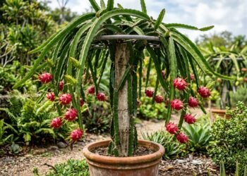 O suporte que a pitaya precisa para carregar de frutos e o corte no galho que ajuda a estimular novas brotações produtivas