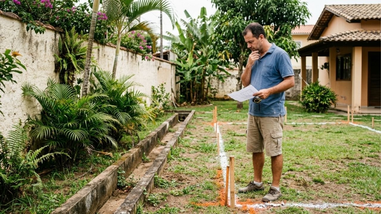 Proprietário instala piscina no quintal e acredita que o recuo do muro basta: o que o Código Civil realmente exige?