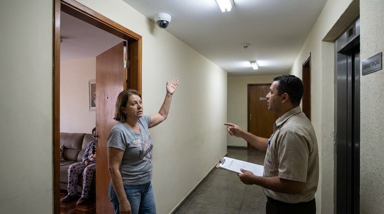 Condomínio instala câmera apontada para corredor dos apartamentos e moradora questiona gravação constante da porta de sua residência; discussão envolve segurança e limite da vigilância em áreas comuns